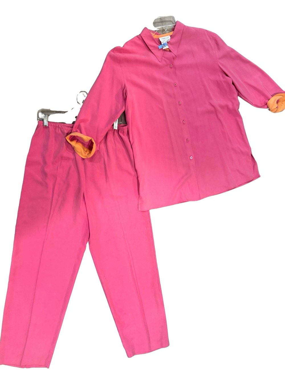Pink Silk Two-Piece Lightweight Shirt & Matching Pant Set Orange Cuff Detail